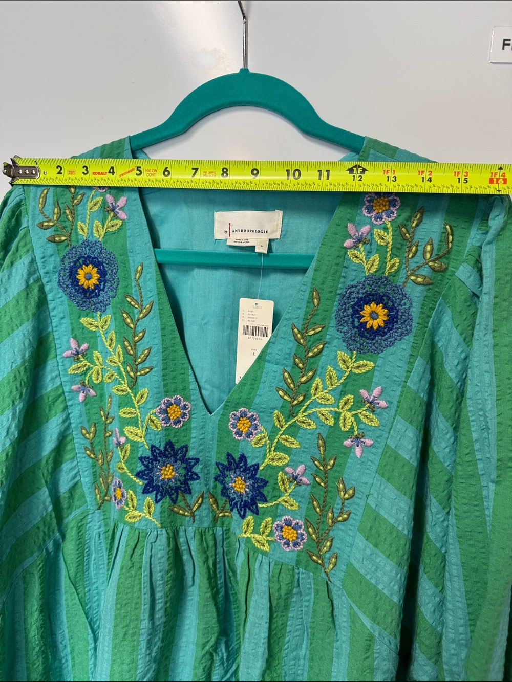 Anthropologie Teal and Green Embroidered V-Neck Tunic - Picture 4 of 11